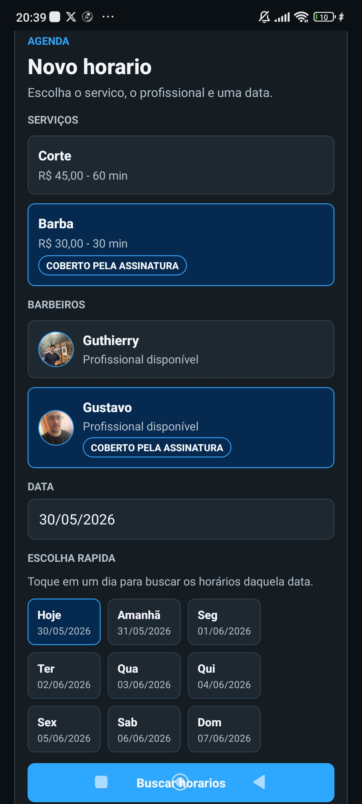 Tela de agendamento do AgendaUm: escolha de serviço, profissional e data